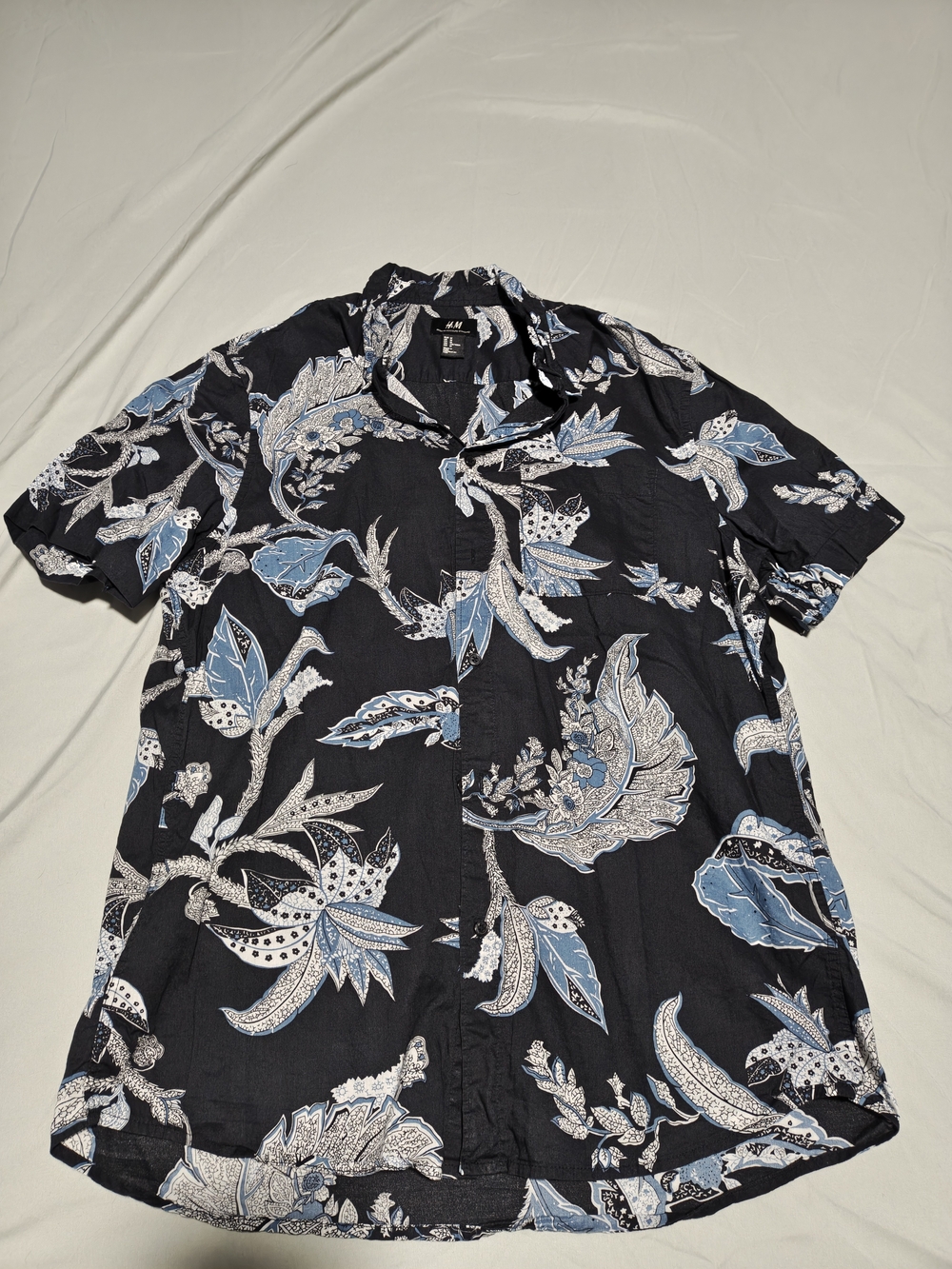 H&M Black Short-Sleeve Button-Down Shirt with Blue and White Floral Print